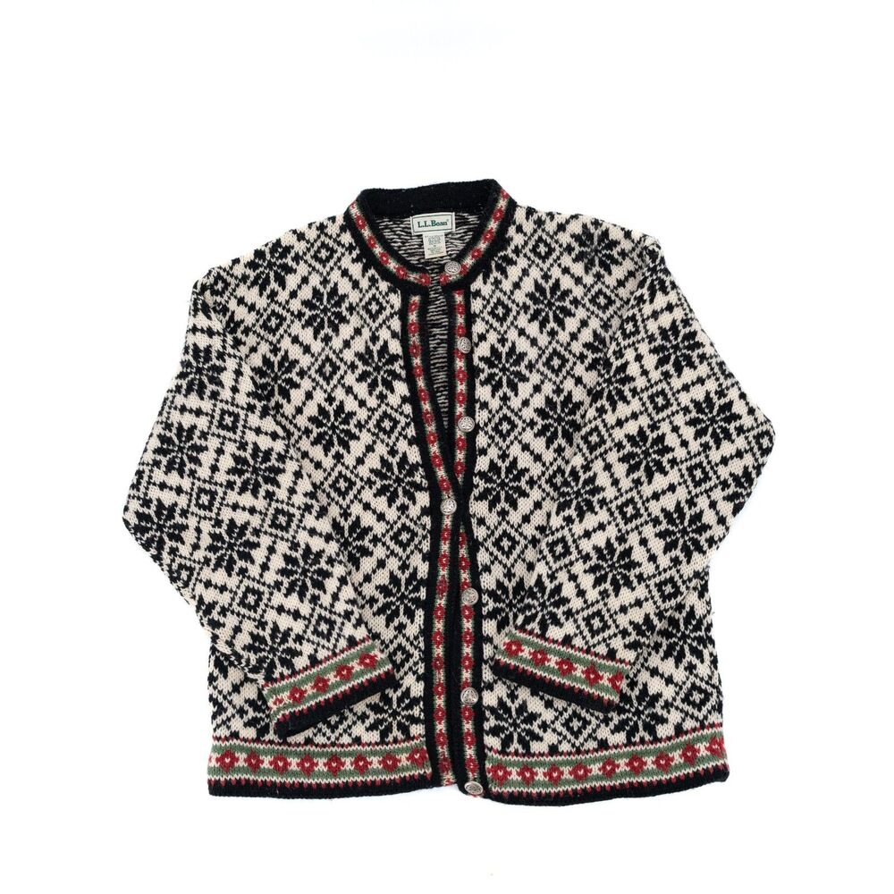 L.L. Bean Womens M Vintage Cardigan Nordic Knit Pattern Wool Button Up Sweater